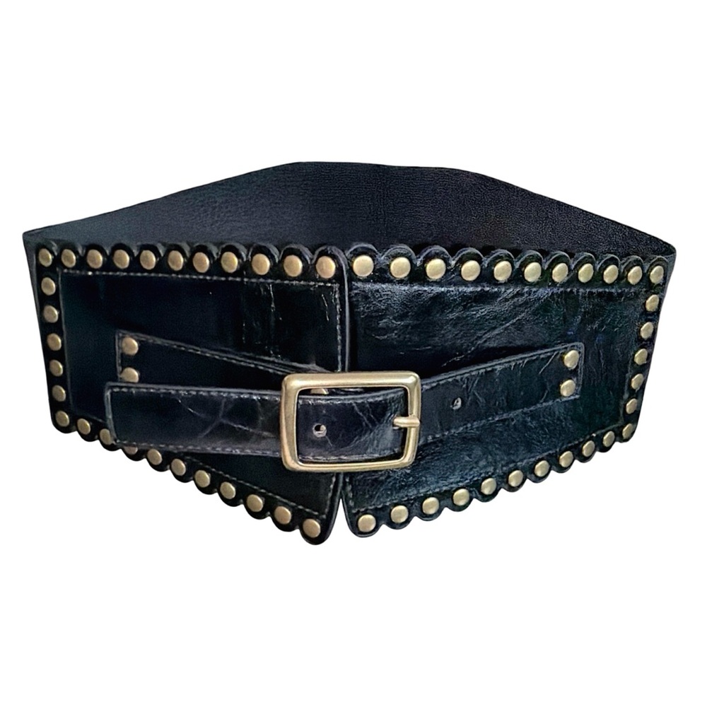 WCM New York Studded Corset Leather Belt | Black | Wide Waist Belt | 31” x 3”